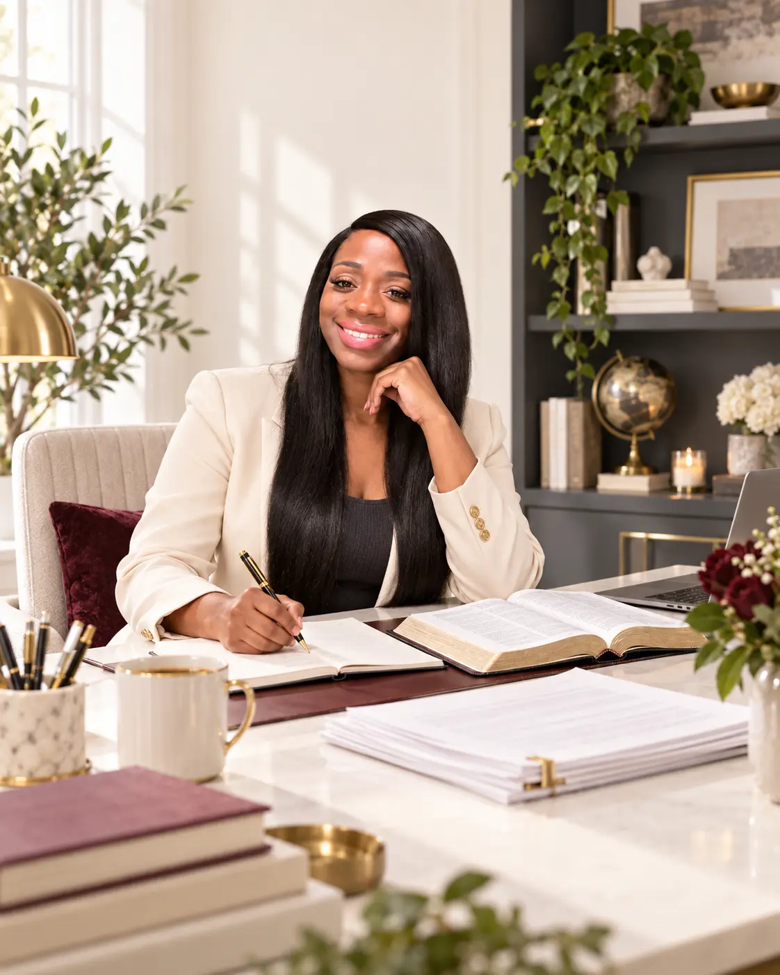Antwinette Byers writing beside an open Bible and manuscript pages.